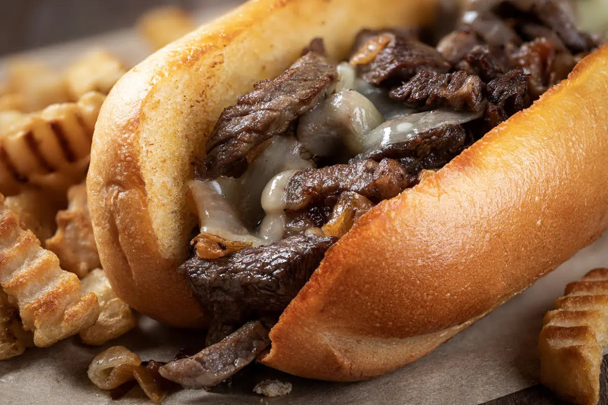 Hillbilly-style Chipotle Cheesesteak loaded with peppers, onions, and Pepper Jack cheese