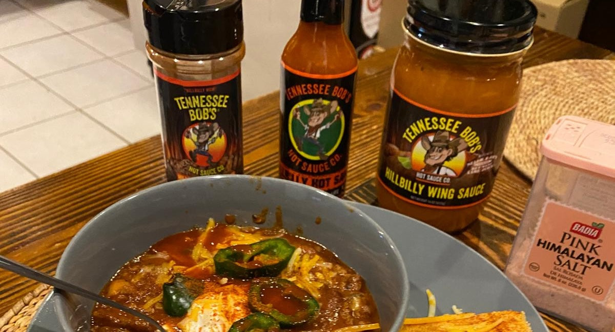 Bowl of Hillbilly Chili made with Tennessee Bob's Hillbilly Wing Sauce and Spice of Life seasoning
