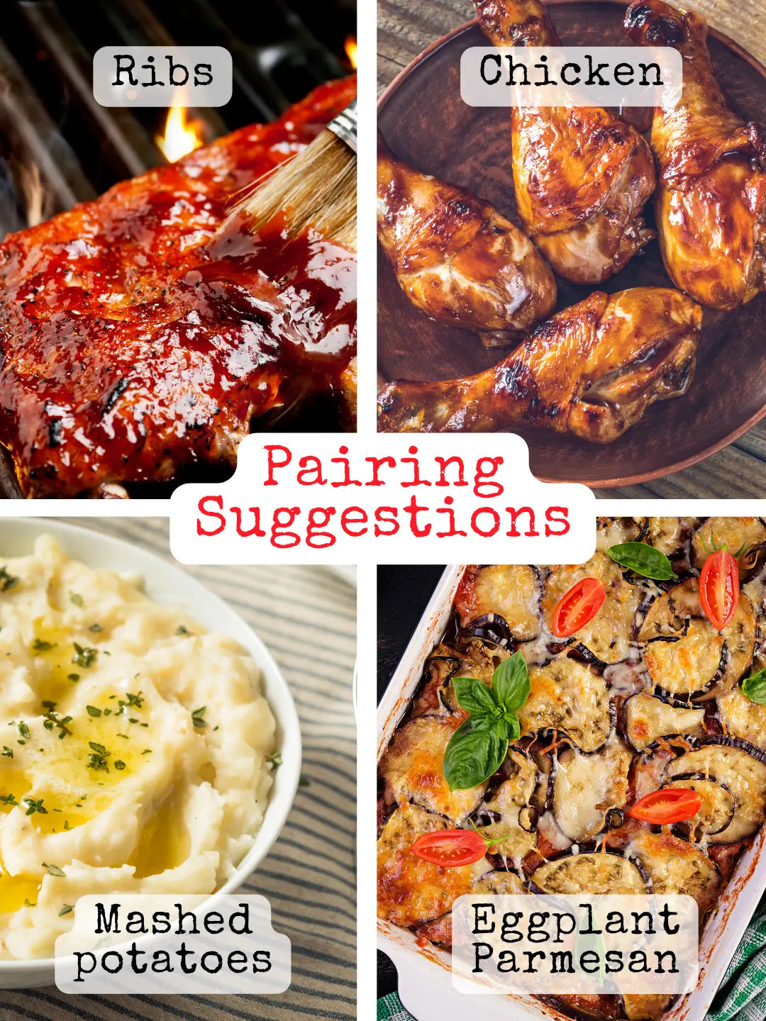 Collage of grilled ribs, roasted chicken, mashed potatoes, and eggplant parmesan with text indicating pairing suggestions for  Dragon's Breath Hot Sauce