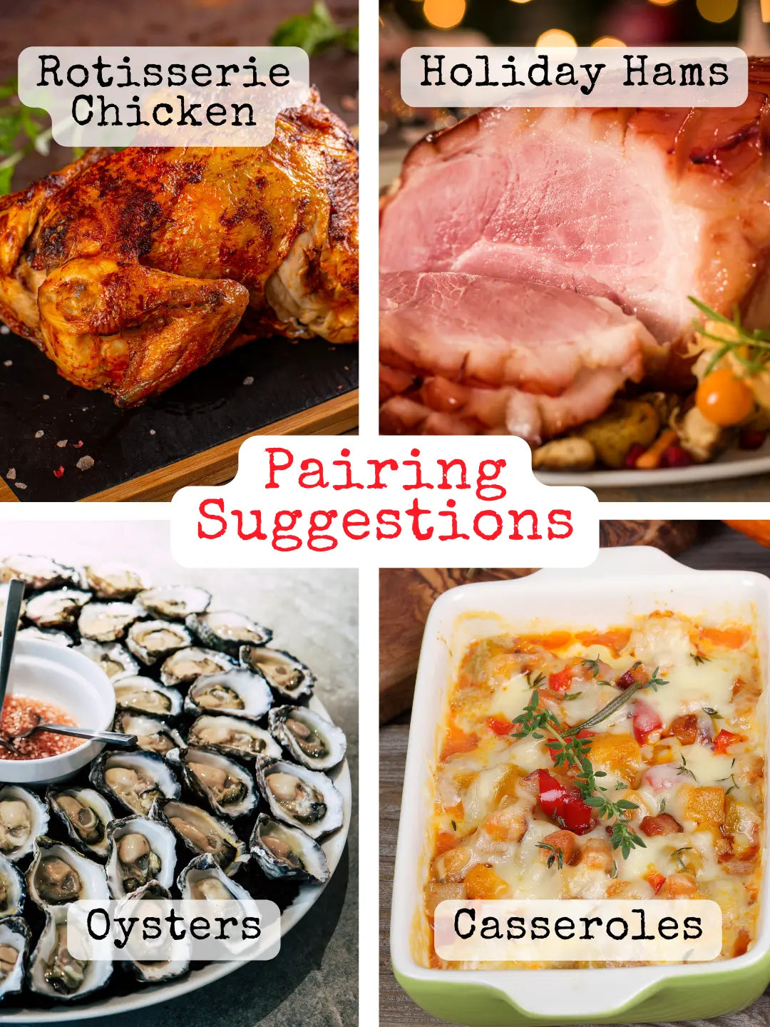 Collage of food items with pairing suggestions for rotisserie chicken, holiday hams, oysters, and casseroles.