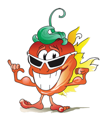 Cartoon chili pepper character with sunglasses on a black background