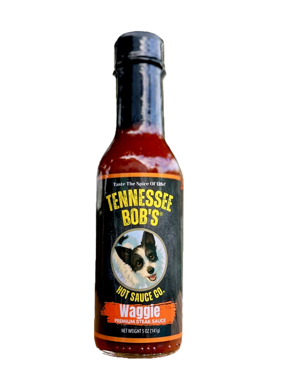 Tennessee Bob's Waggle Hot Sauce, 5 oz bottle, premium steak sauce, spicy condiment with dog mascot on label.