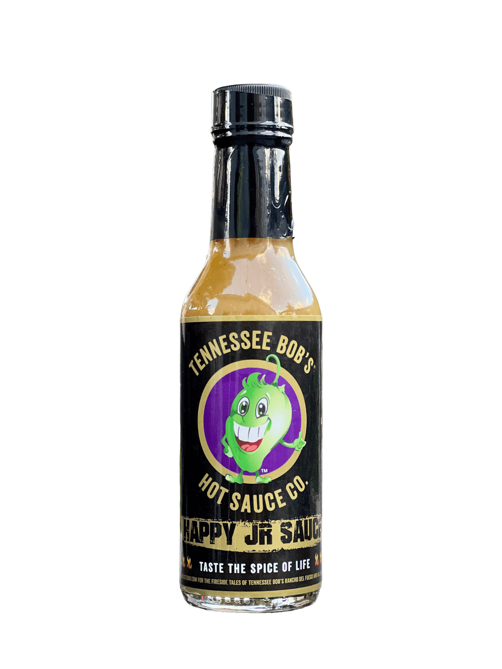 Tennessee Bob's Happy Jr Sauce bottle with colorful label featuring cartoon character.