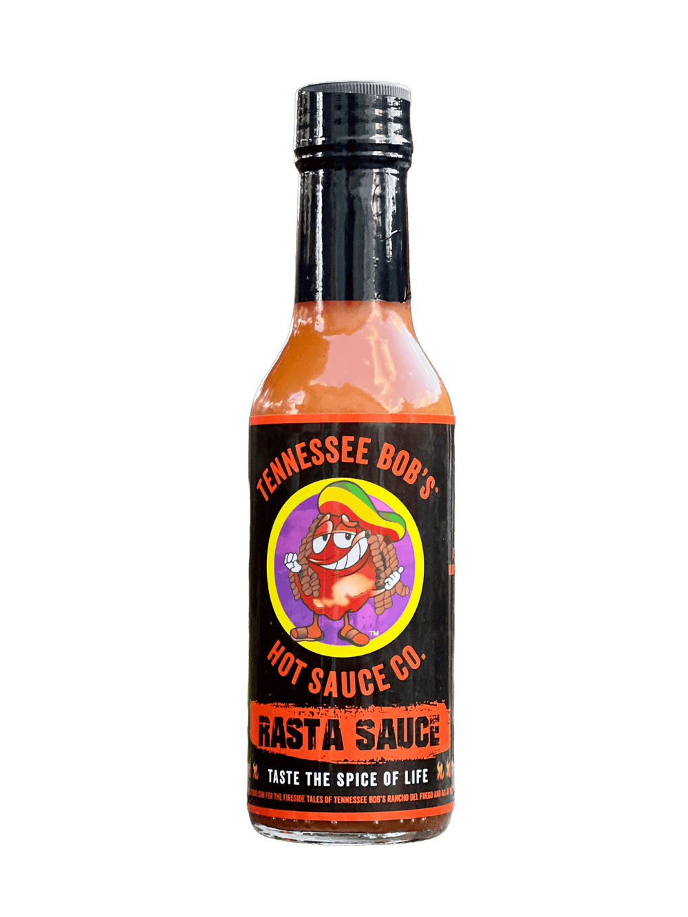 Tennessee Bob's Hot Sauce Co. Rasta Sauce bottle with colorful label on black background.