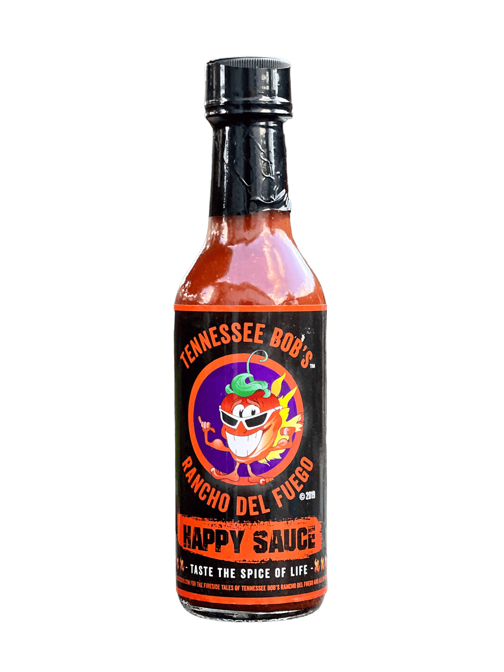 Tennessee Bob's Rancho Del Fuego Happy Sauce bottle with a colorful label featuring a smiling character.