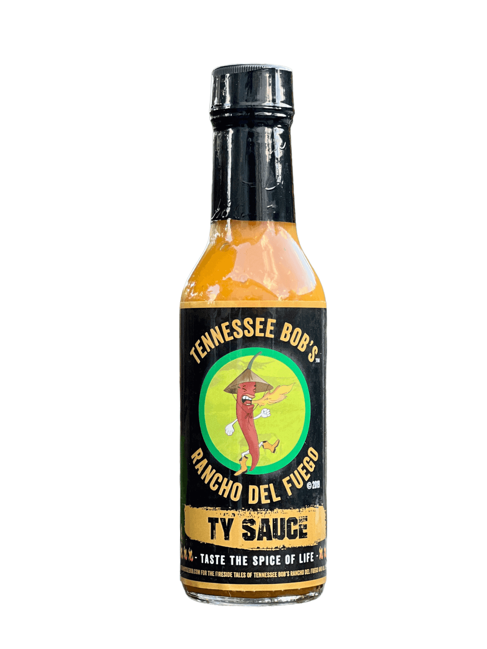 Tennessee Bob's Rancho Del Fuego hot sauce bottle with a colorful label featuring a chili pepper character.