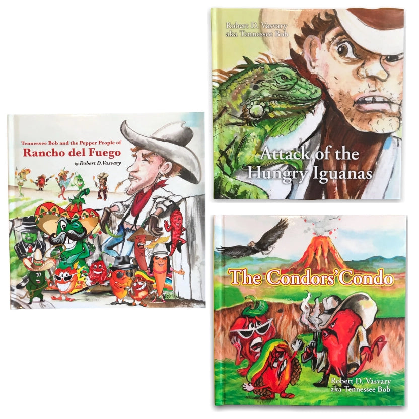 Three illustrated children's books featuring colorful characters and nature themes. Titles: "Rancho del Fuego," "Attack of the Hungry Iguanas," and "The Condors’ Condo."