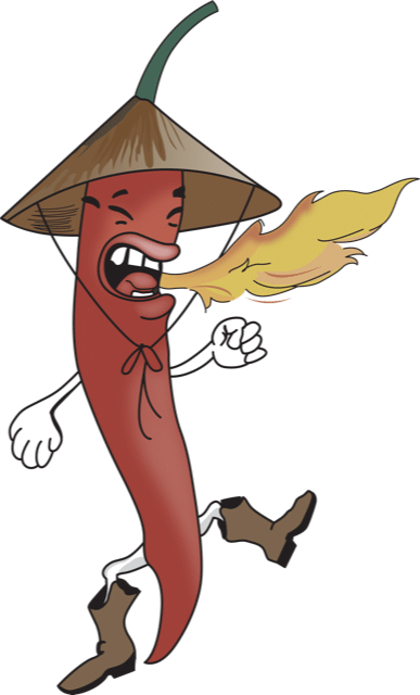Cartoon thai pepper with a hat and boots blowing fire on a green background