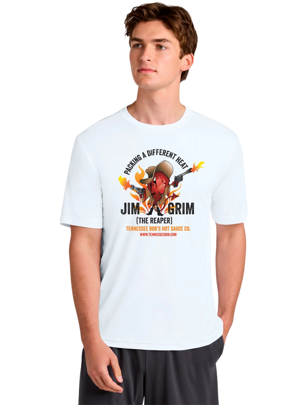 White t-shirt featuring a cartoon reaper surrounded by flames, promoting Jim & Grim hot sauce with bold text and website link.