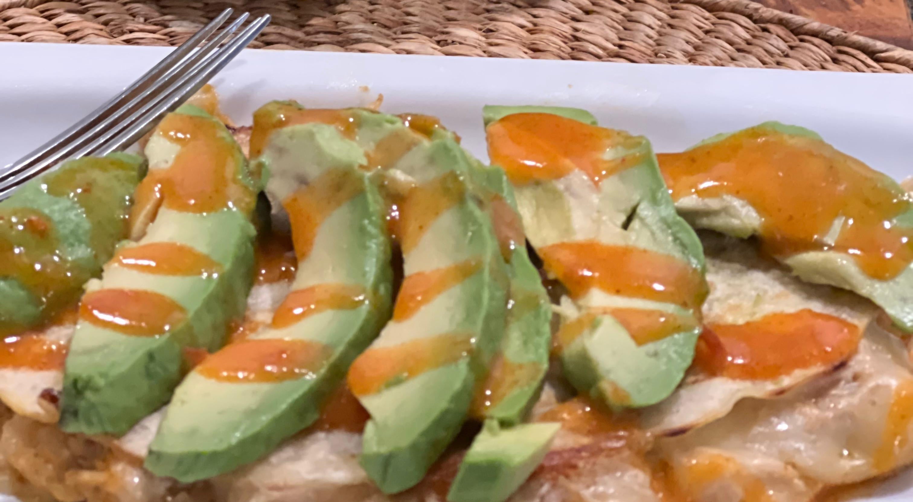 Hillbilly Avo-Chick Deluxe — saucy shredded chicken with avocado on crispy tortillas and Tennessee Bob's Wing Sauce