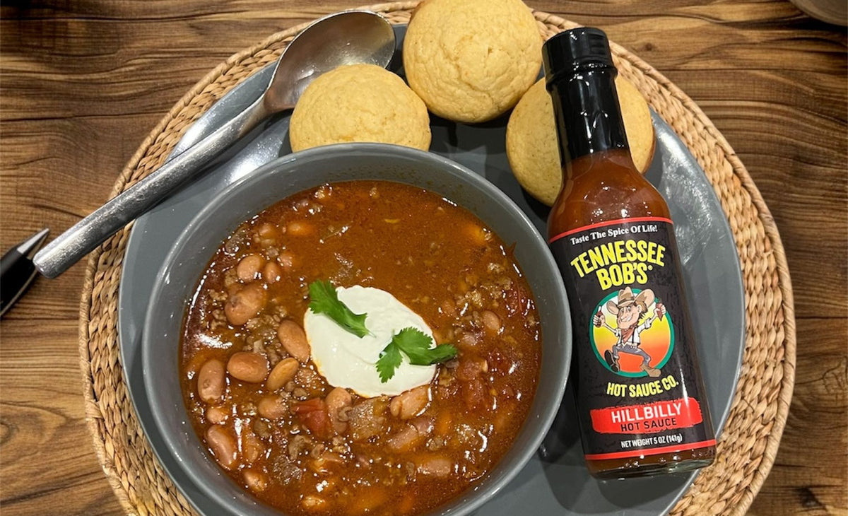 Bowl of Tennessee Bob's Hillbilly Chili made with Hillbilly Hot Sauce and Spice of Life seasoning