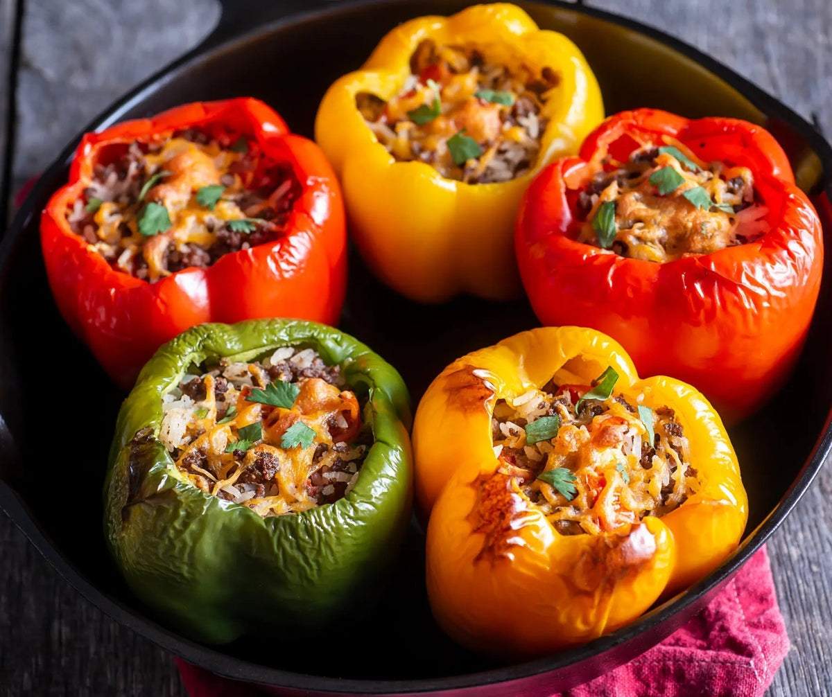 Plate of Hillbilly Chicken Stuffed Peppers with Tennessee Bob's Hot Sauce