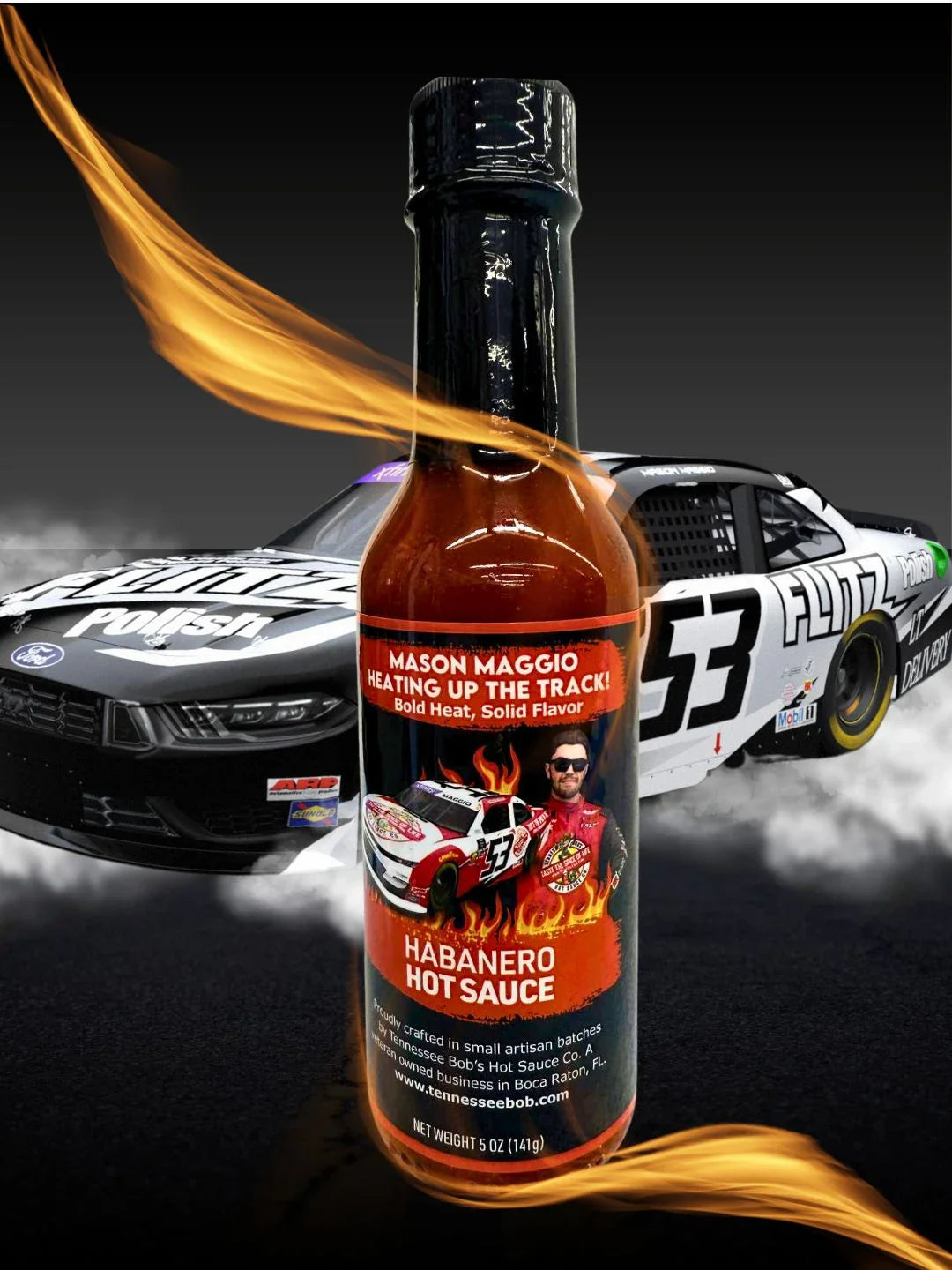 bottle of Habanero Sauce on wheels with racer private label
