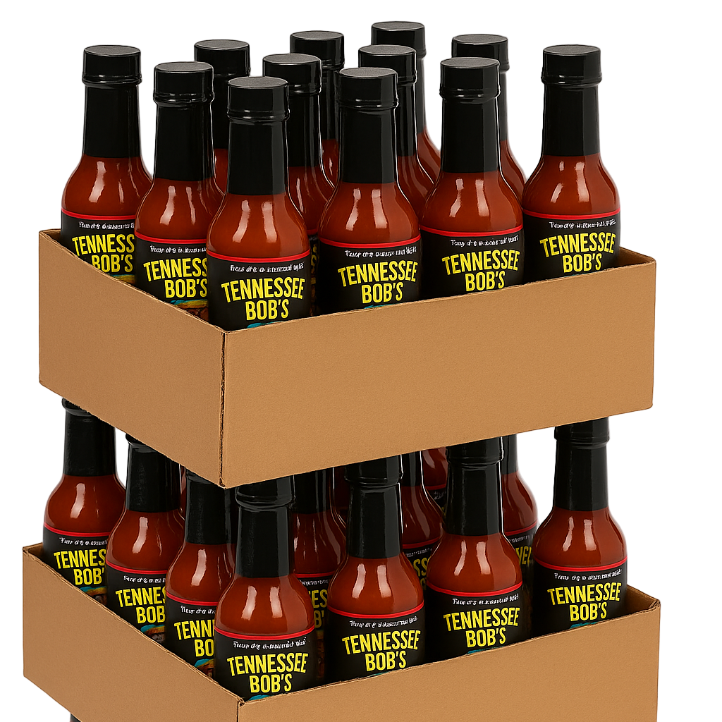 Carton of Tennessee Bob's hot sauce bottles on a white background