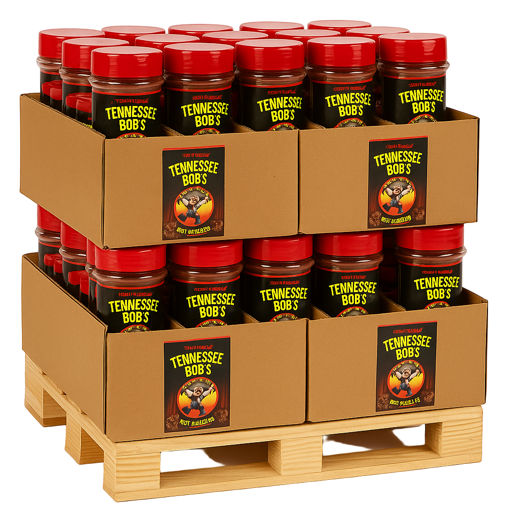 Carton of Tennessee Bob's hot sauce jars on a wooden pallet with a white background