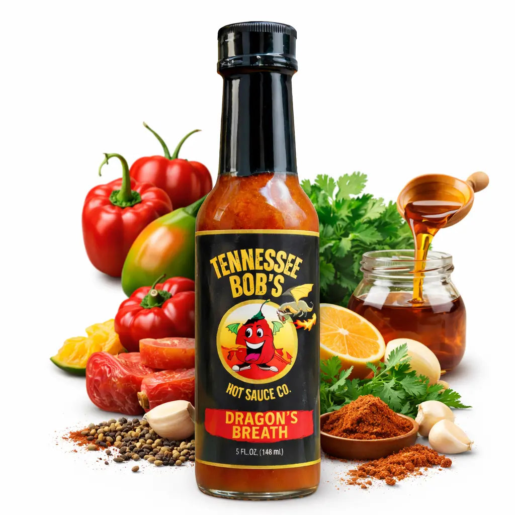 Tennessee Bob's Dragon's Breath hot sauce 5 fl oz bottle with fresh peppers, spices, garlic, honey, and herbs.