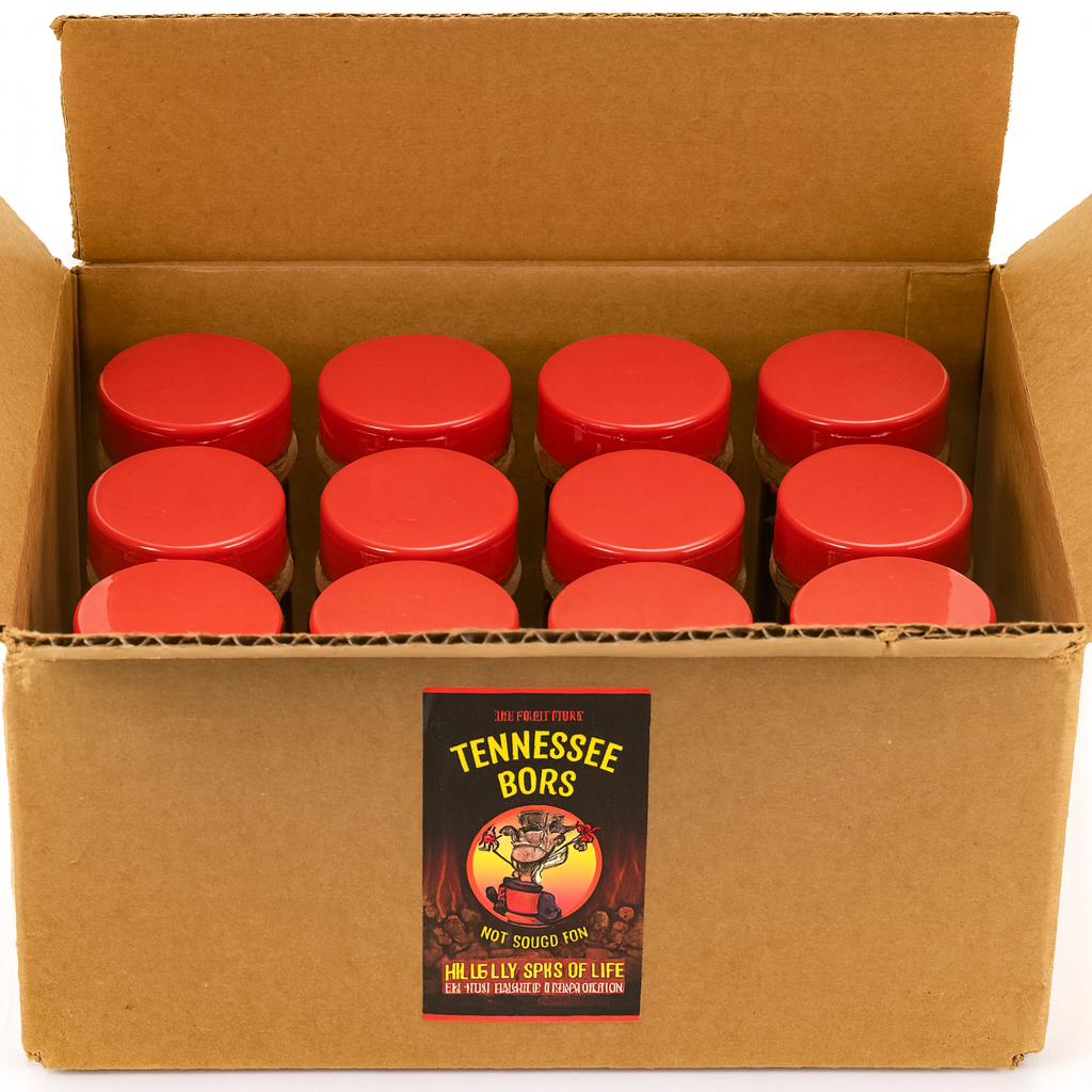 Box of red containers with a Tennessee Bors label on a white background