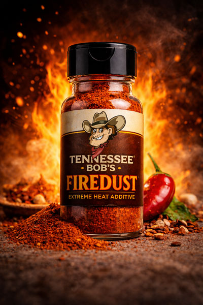 Tennessee Bob's Firedust spice jar with chili peppers, fiery background, extreme heat additive for cooking.