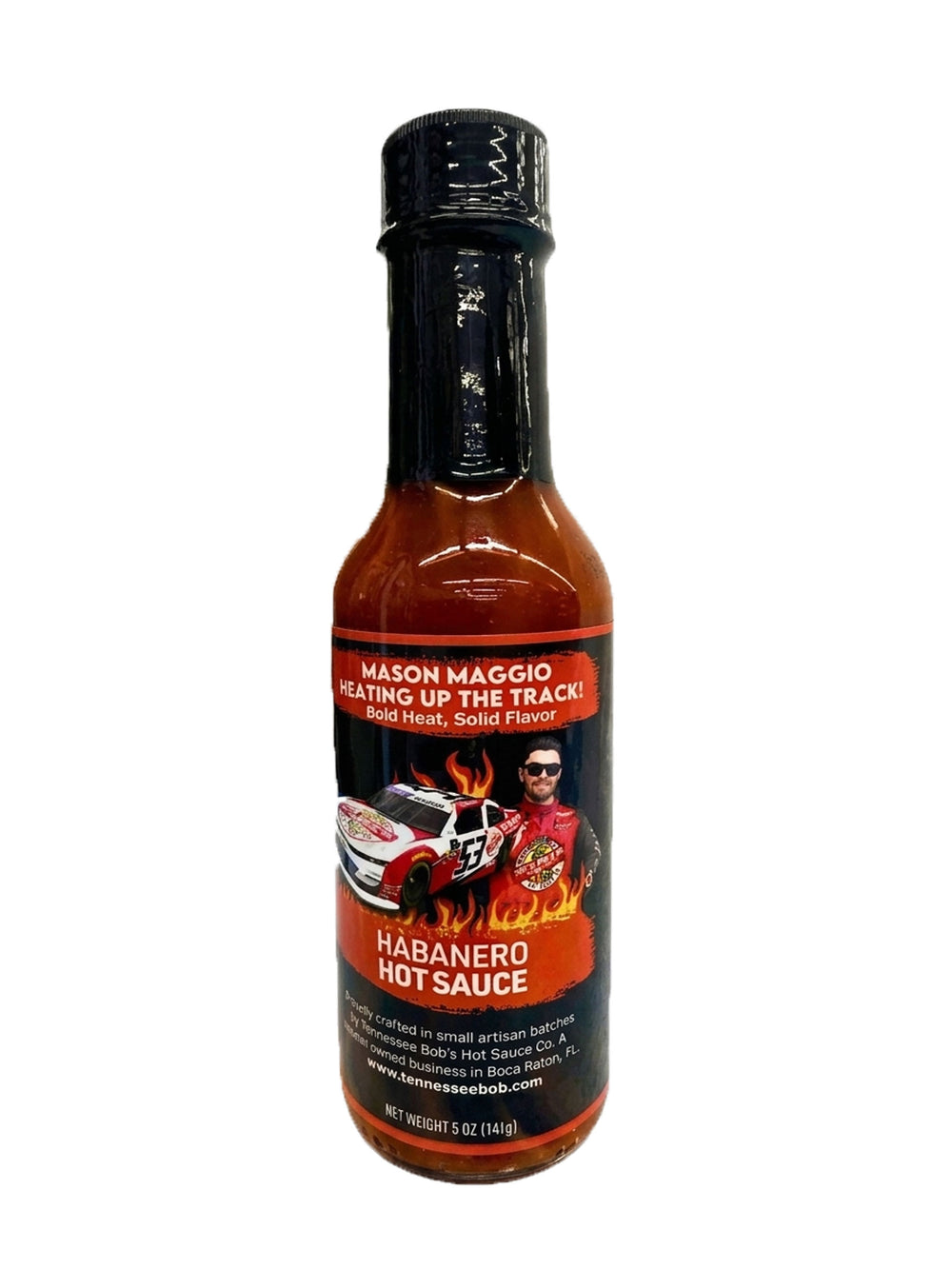 Habanero hot sauce bottle with racing-themed label, bold flavor, 5 oz.