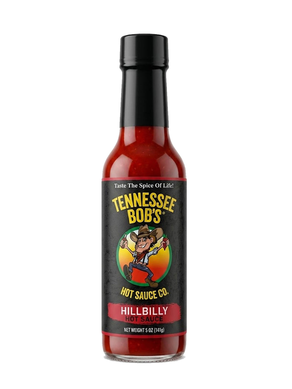 Tennessee Bob's Hillbilly Hot Sauce 5 oz bottle, spicy condiment with vibrant label featuring cowboy hat illustration.