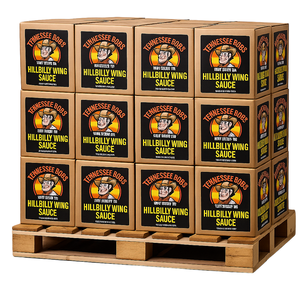 Stack of boxes containing Tennessee Bob's Hillbilly Wing Sauce on a wooden pallet.