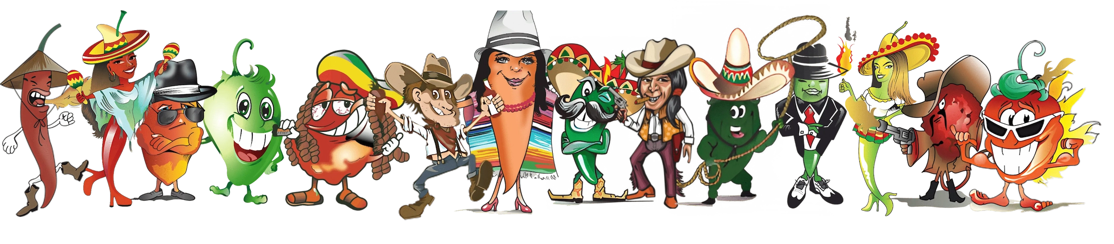 Animated characters in colorful costumes and hats arranged in a row representing the hot sauce characters