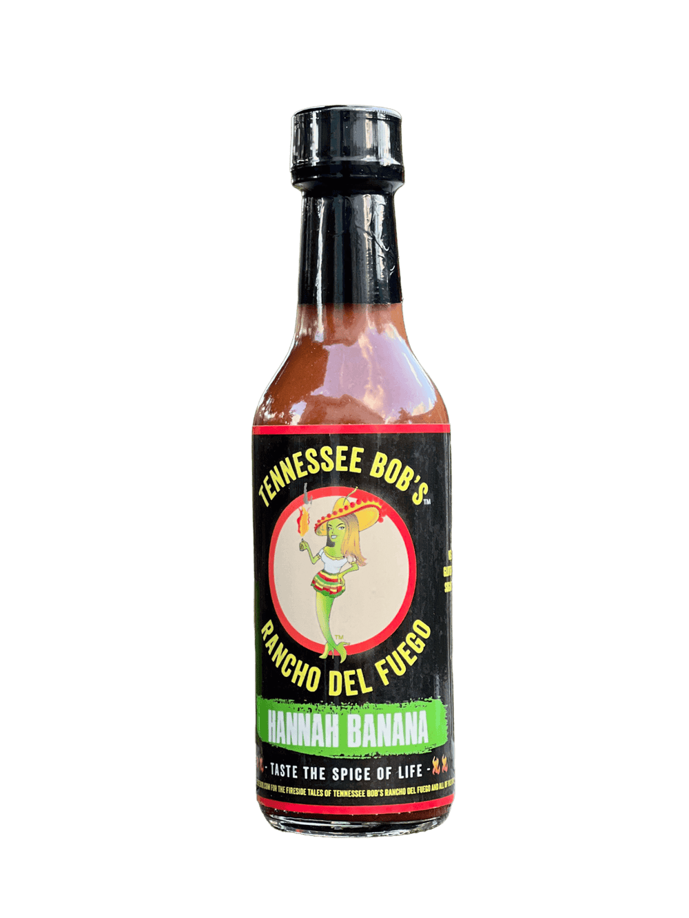 Bottle of Tennessee Bob's Hannah Banana hot sauce on a black background