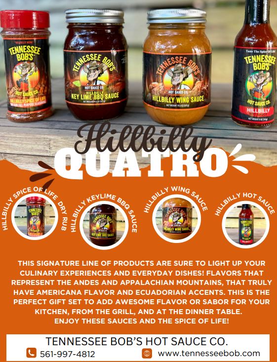 Assorted Tennessee Bob's hot sauces and dry rub with promotional text.