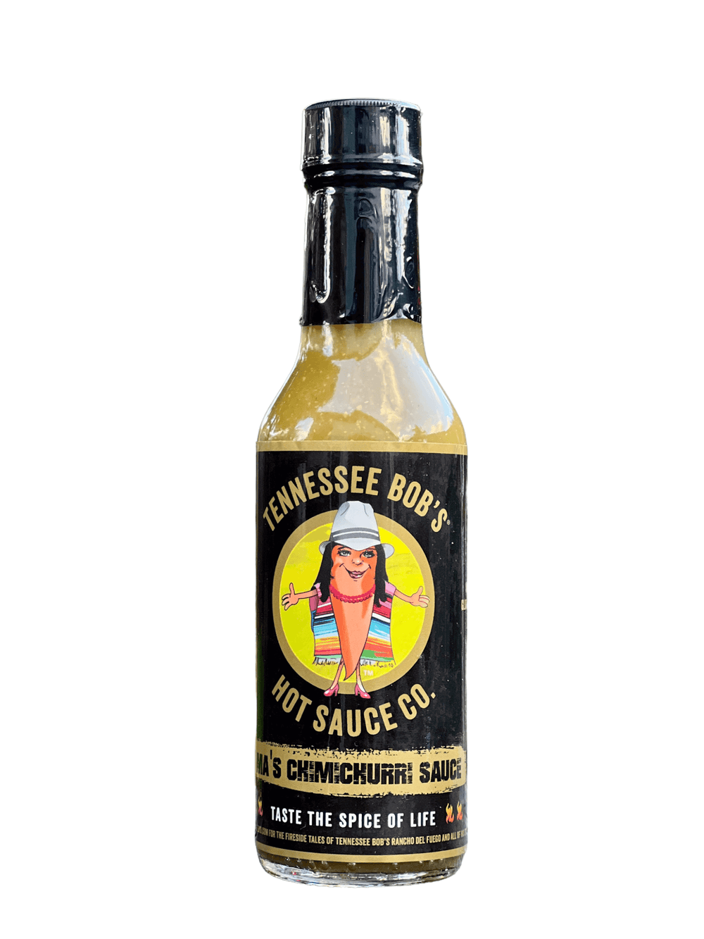 Bottle of Tennessee Bob's hot sauce with a cartoon chili pepper logo.