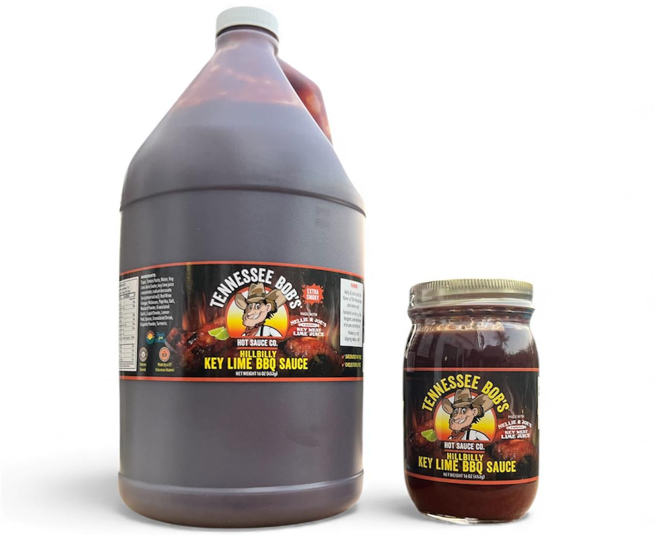 Two bottles of Tennessee Bob's Key Lime BBQ Sauce, one large jug and one small jar, on a white background.