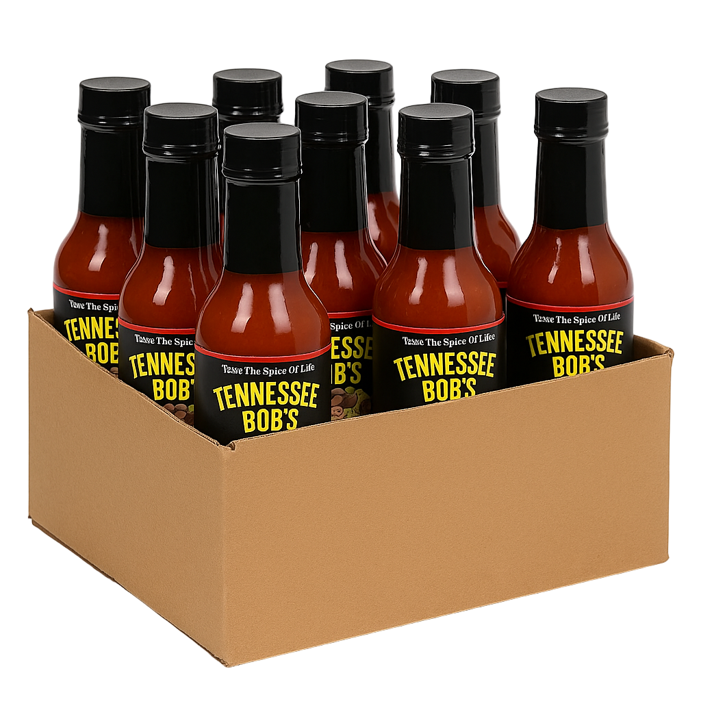 Box of Tennessee Bob's hot sauce bottles on a white background