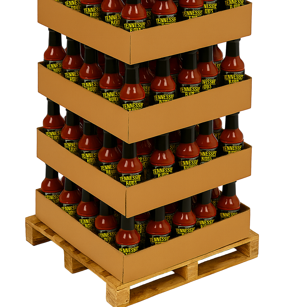 Stack of Tennessee Whiskey bottles on a wooden pallet with a white background