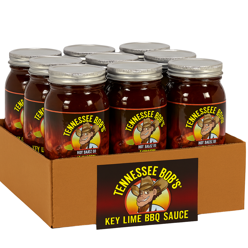 Box of Tennessee Bob's Key Lime BBQ Sauce jars on a white background