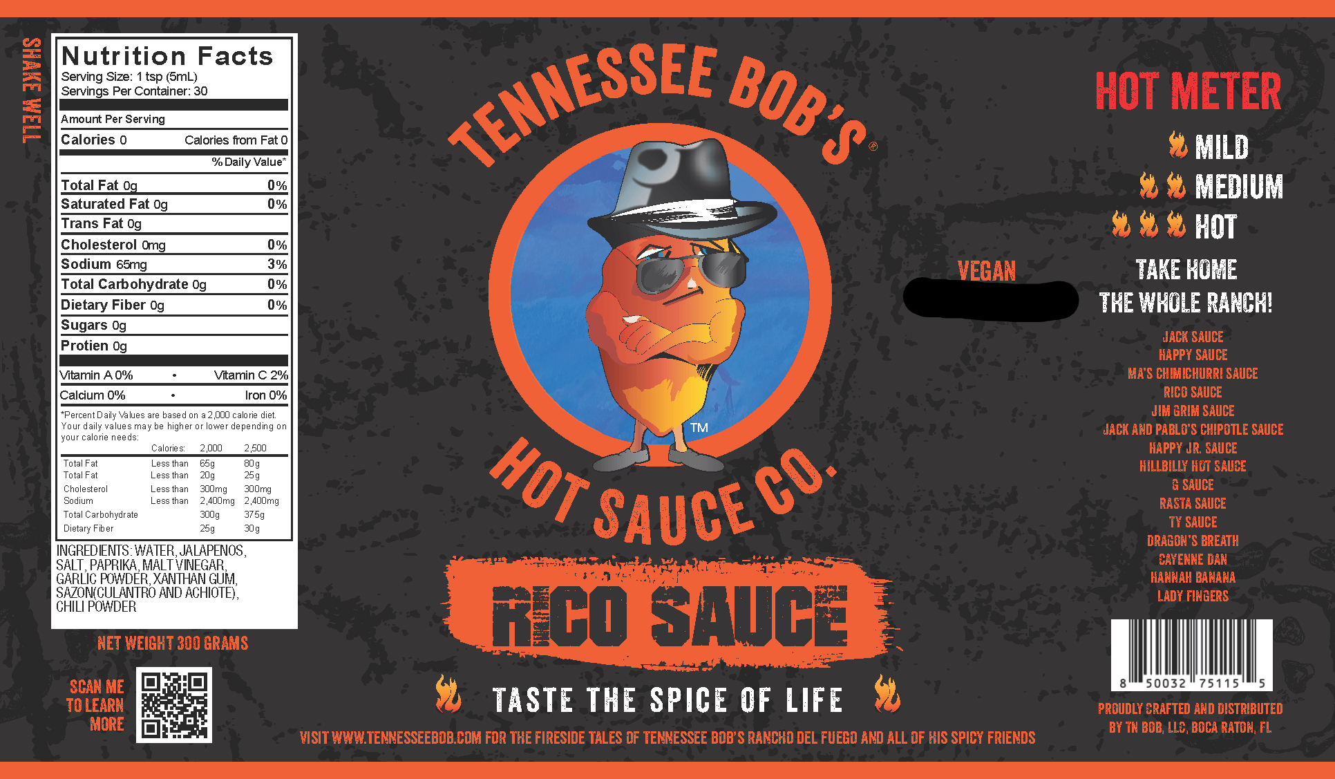 Label for Tennessee Bob's Rico Sauce featuring a stylized chili pepper with sunglasses and hat, nutrition facts, and a spice level meter.