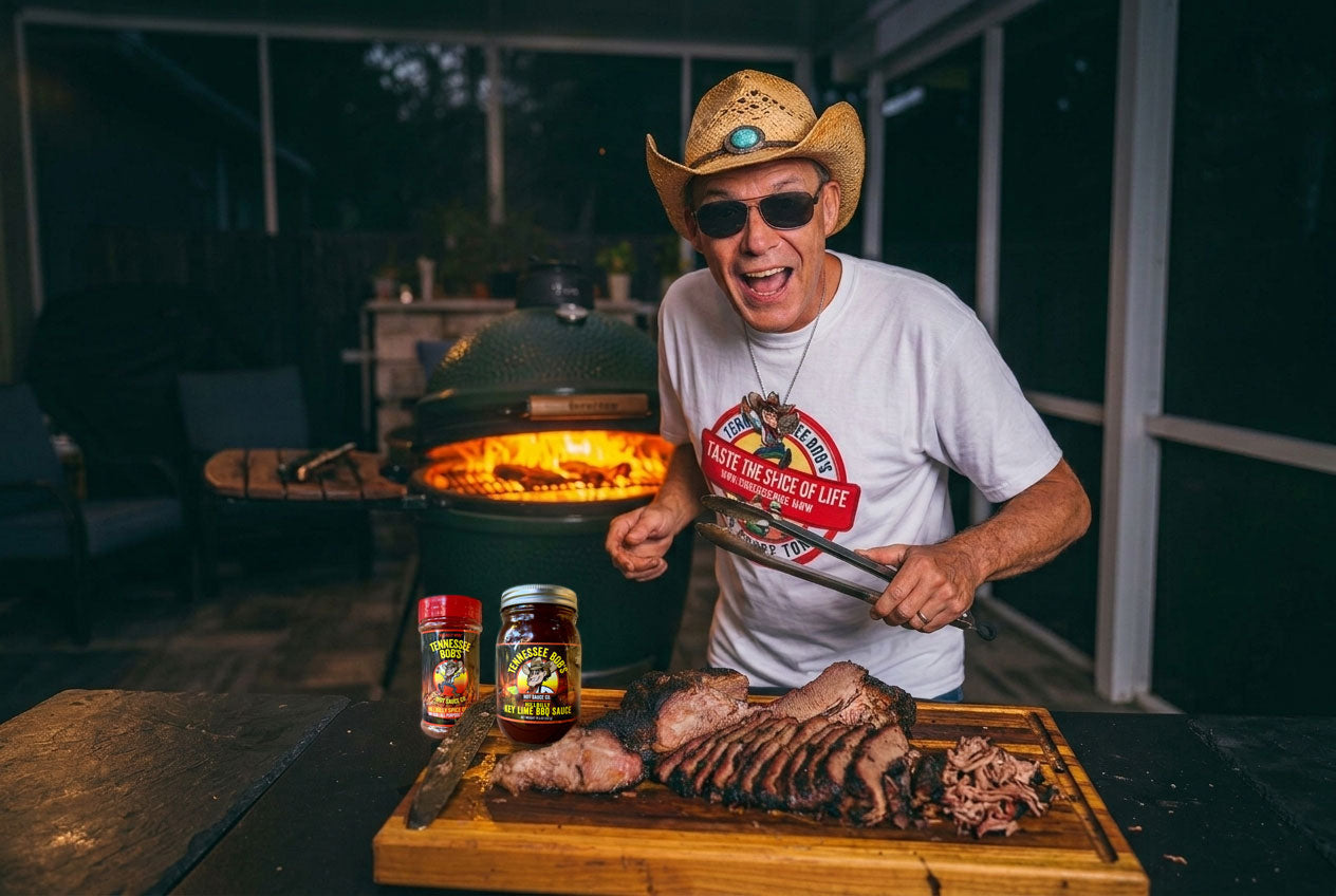 Man wearing a cowboy hat and sunglasses, holding tongs over a tray of sliced brisket next to a barbecue grill, with BBQ sauce jars on the side.