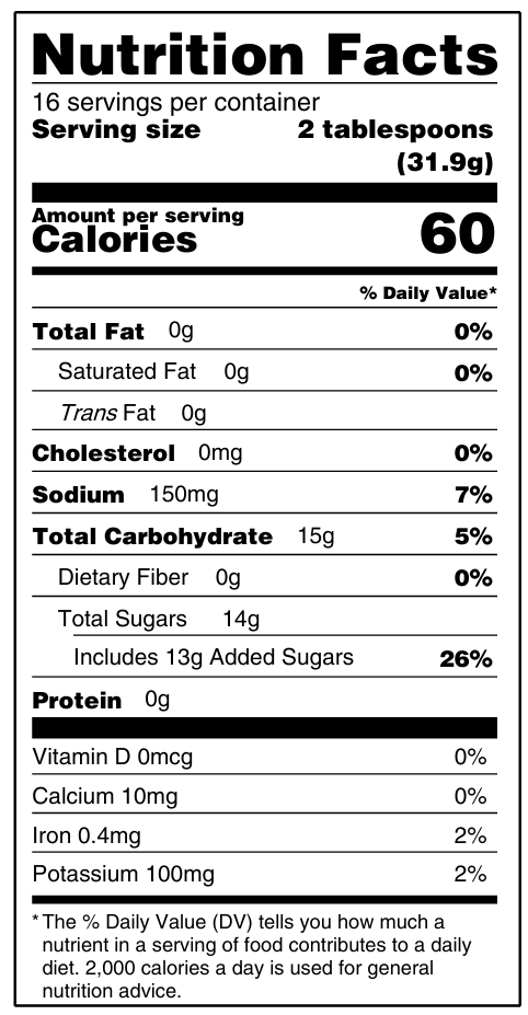 Nutrition facts label showing serving size, calories, and daily values for fat, sodium, carbohydrates, and more.