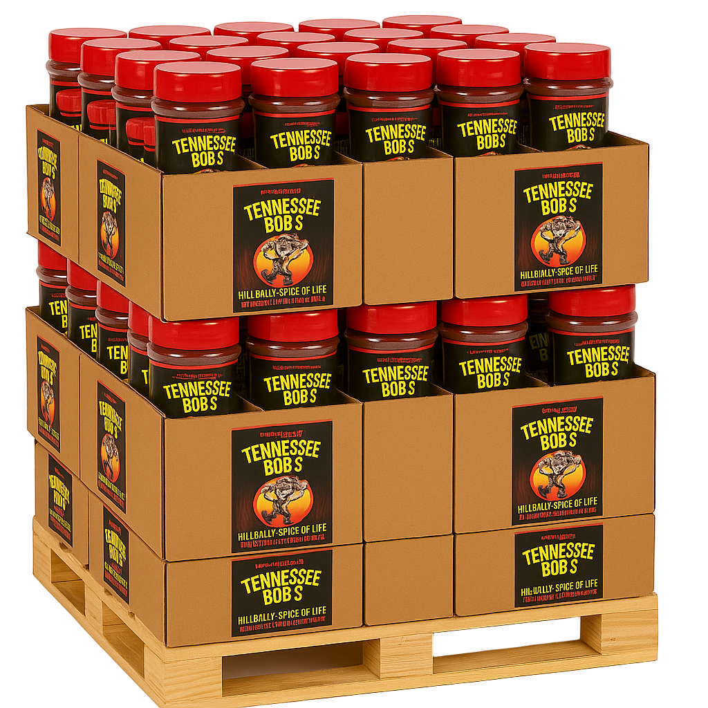 Stack of Tennessee Bob's hot sauce jars on a wooden pallet with visible labels.
