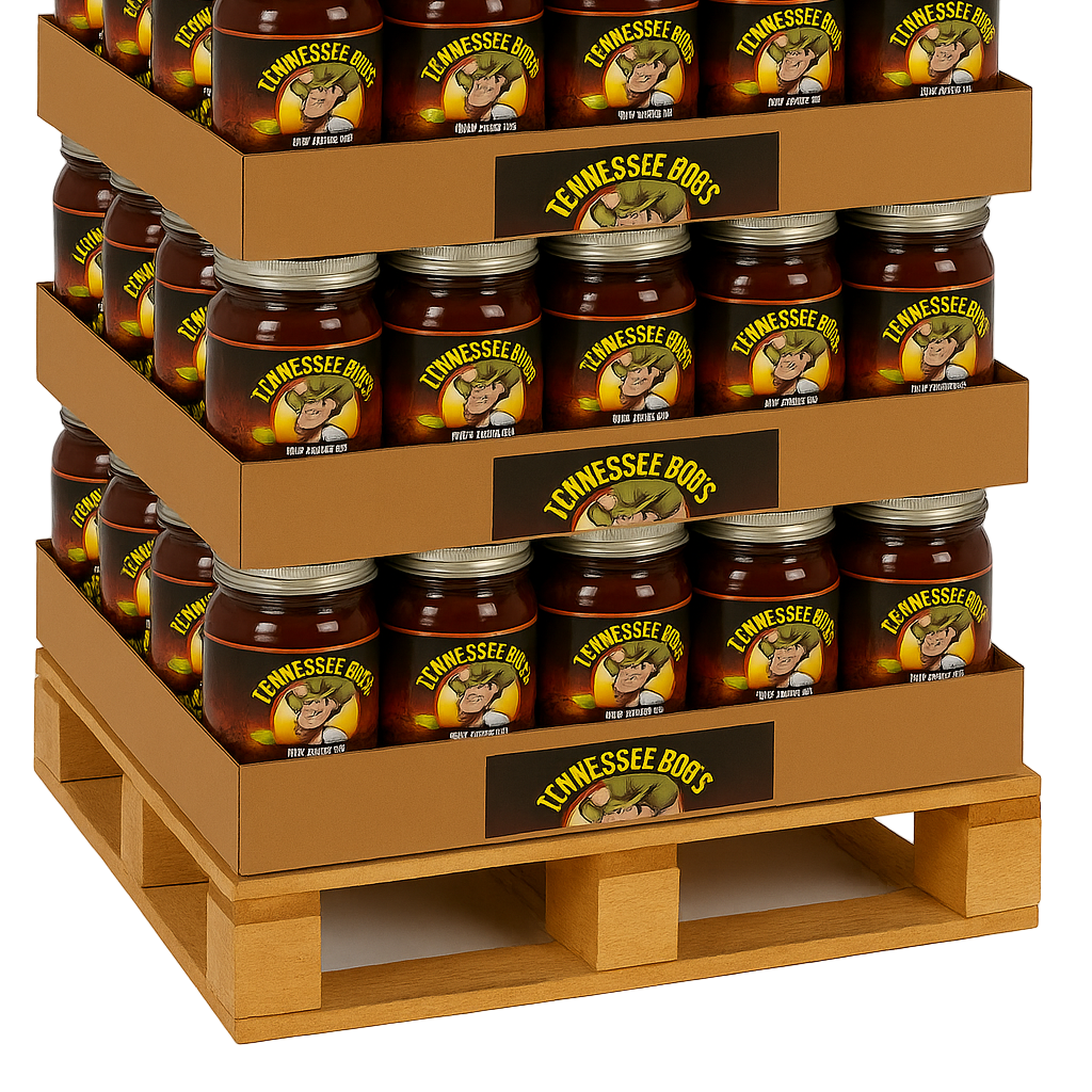 Stack of Tennessee Bob's hot sauce jars on a wooden pallet with visible branding.