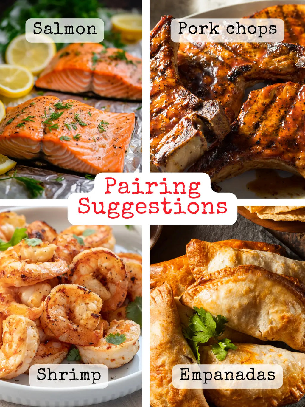 Salmon with lemon slices, grilled pork chops, seasoned shrimp, and crispy empanadas collage.