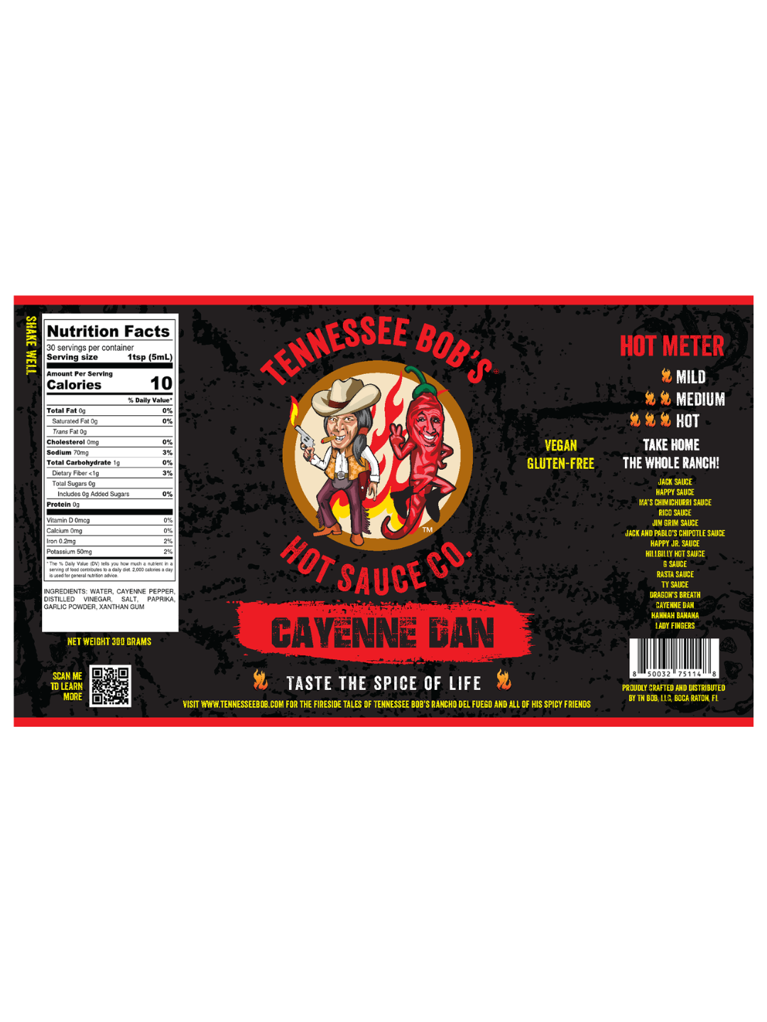 Tennessee Bob's Cayenne Dan hot sauce label featuring cowboy and pepper graphic, vegan and gluten-free.