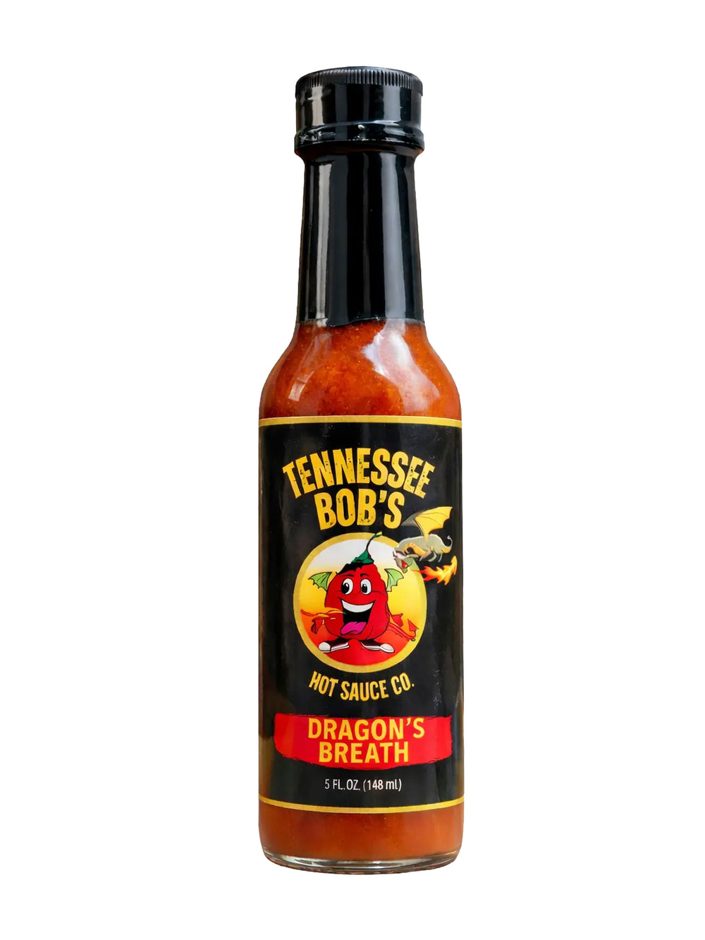 Tennessee Bob's Dragon's Breath hot sauce bottle with black cap and fiery label design.