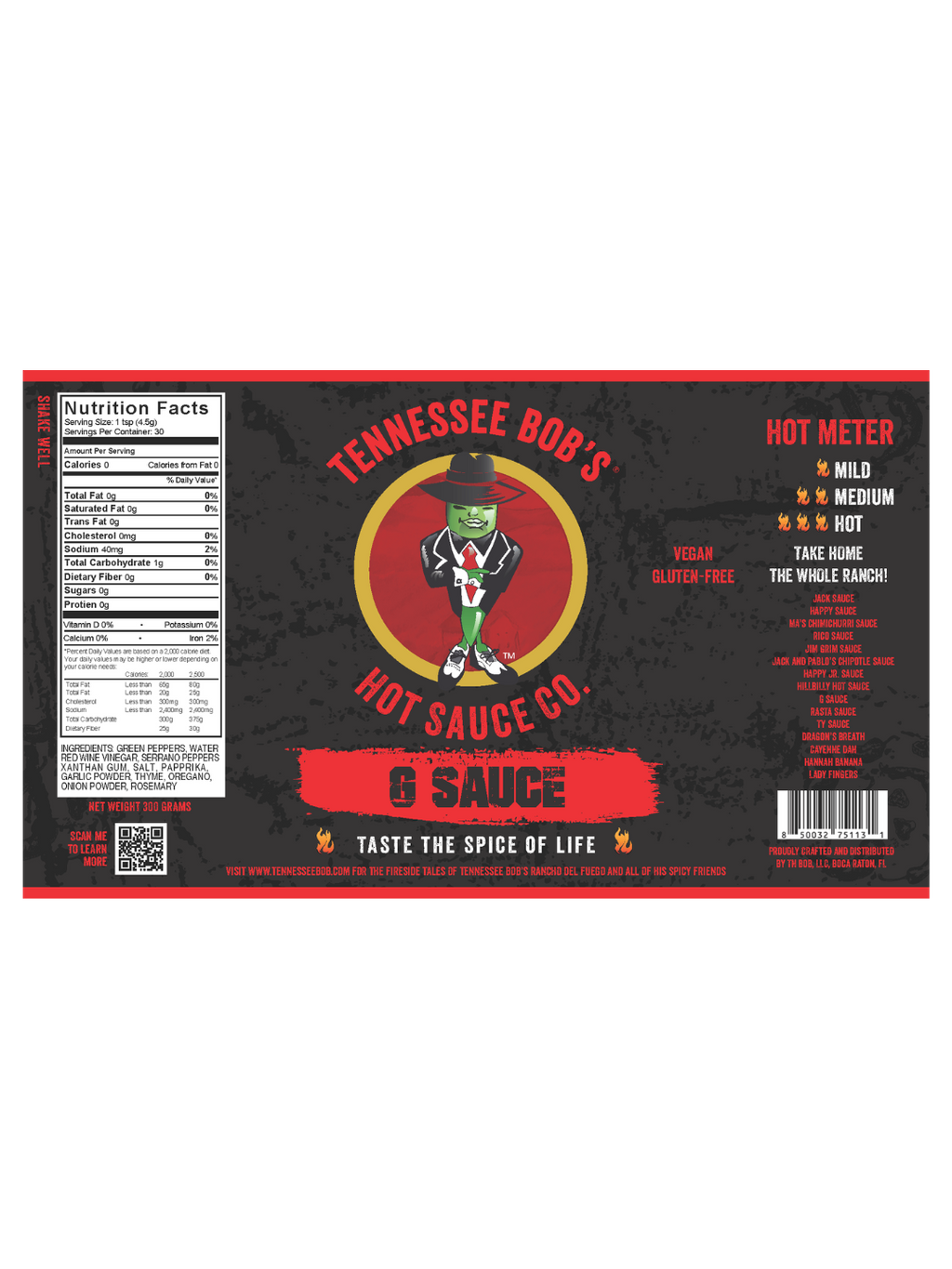 Tennessee Bob's G Sauce label featuring nutrition facts, hot meter, and vegan/gluten-free information.