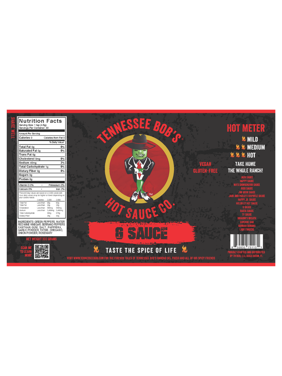 Tennessee Bob's G Sauce label featuring nutrition facts, hot meter, and vegan/gluten-free information.