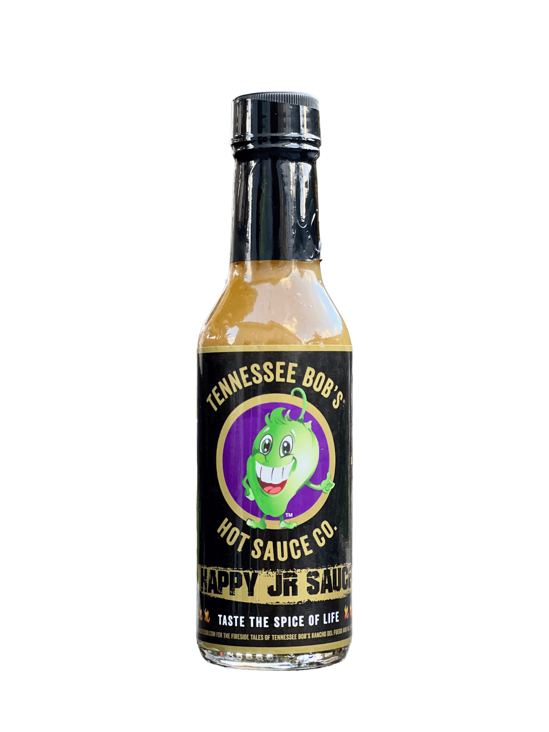 Tennessee Bob's Happy Jr Sauce bottle with colorful label featuring cartoon character.