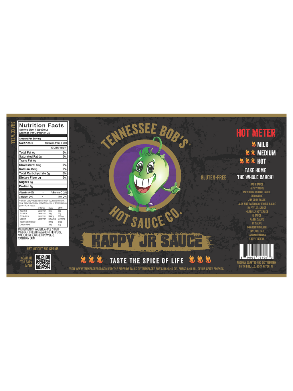 Tennessee Bob's Happy Jr Sauce label with a cartoon pepper, nutrition facts, and heat levels.