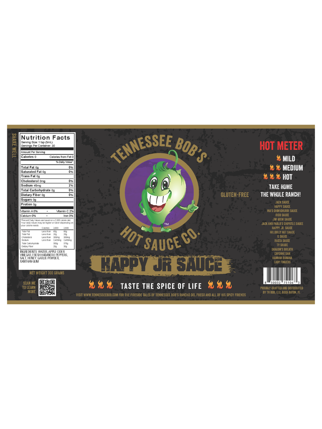 Tennessee Bob's Happy Jr Sauce label with a cartoon pepper, nutrition facts, and heat levels.