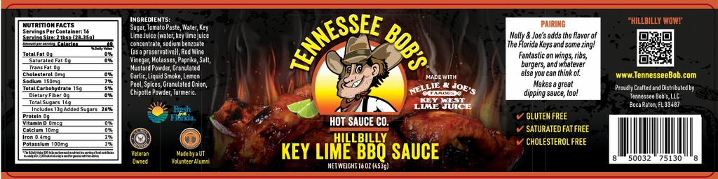 Tennessee Bob's Hillbilly Key Lime BBQ Sauce label featuring nutrition facts, ingredients, pairing suggestions, and a cartoon character graphic.