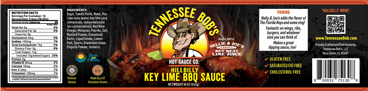 Tennessee Bob's Hillbilly Key Lime BBQ Sauce label featuring nutrition facts, ingredients, pairing suggestions, and a cartoon character graphic.