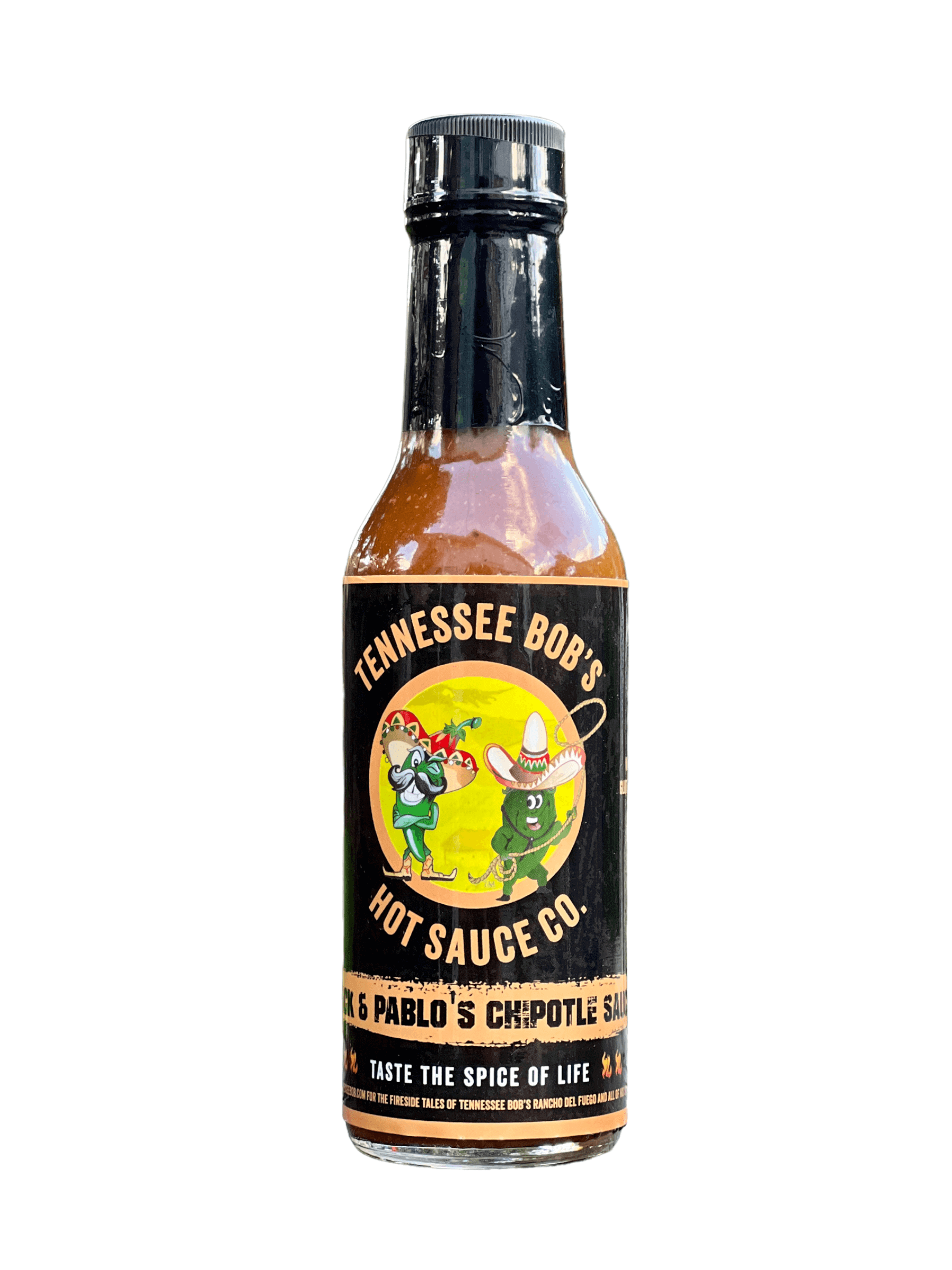 Tennessee Bob's hot sauce bottle with colorful label and cap on white background.