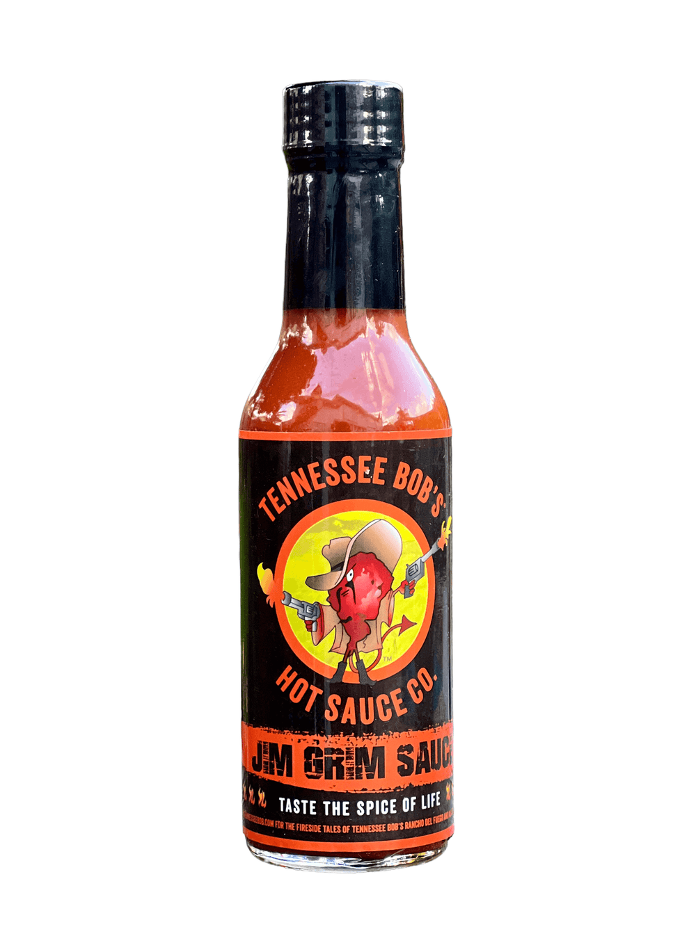 Tennessee Bob's hot sauce bottle with cowboy-themed label and black cap.